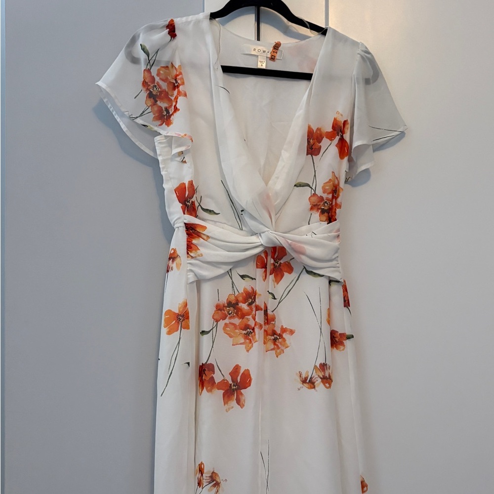 White and Orange Floral Midi Dress